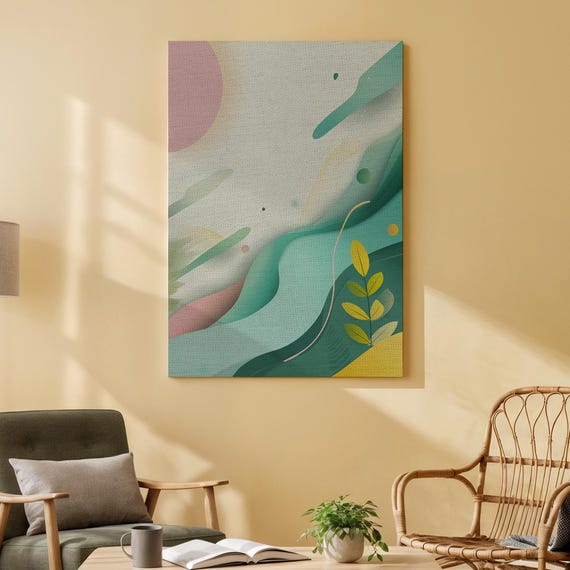 Abstract Landscape Canvas Wall Art Modern Green And Yellow Design With Soft Pastel Accents Contemporary Nature For Home Or Office