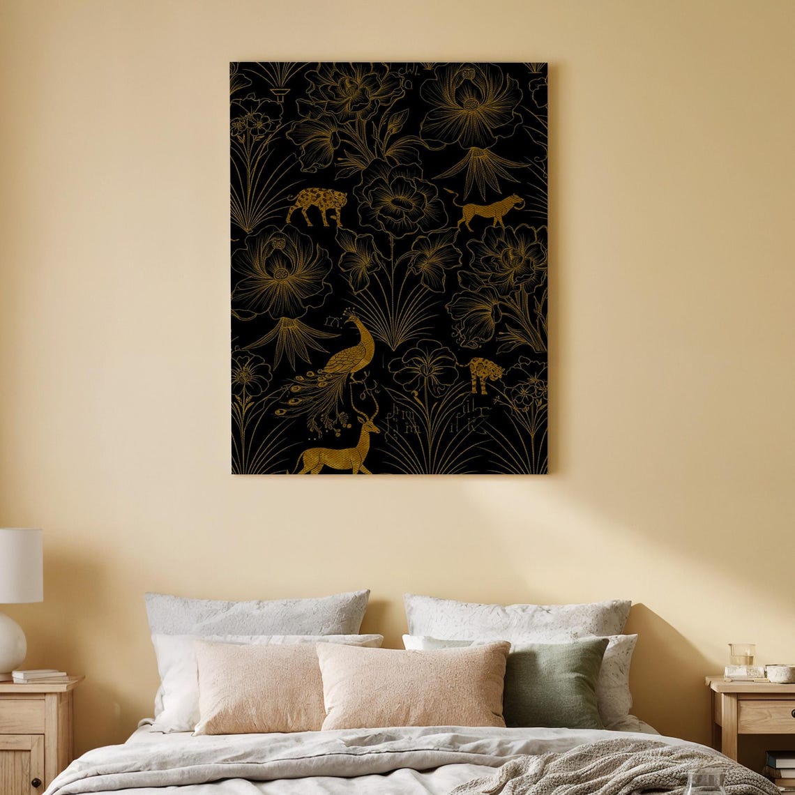 Golden Peacock Jungle Animals Black Gold Luxury Canvas Wall Art