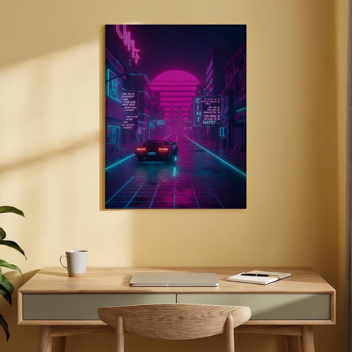Retro Neon Cityscape Futuristic Night Drive Synthwave Car Art Poster