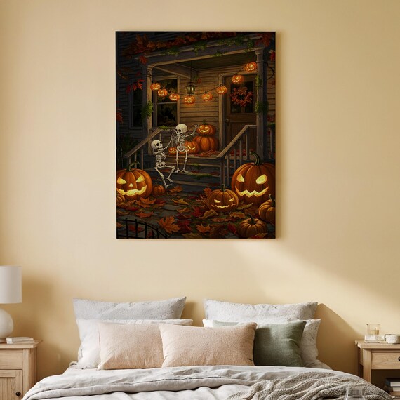Skeleton Porch Halloween Canvas Wall Art Spooky Autumn Night Print Cozy Fall Decor For Living Room Entryway Or Seasonal Home