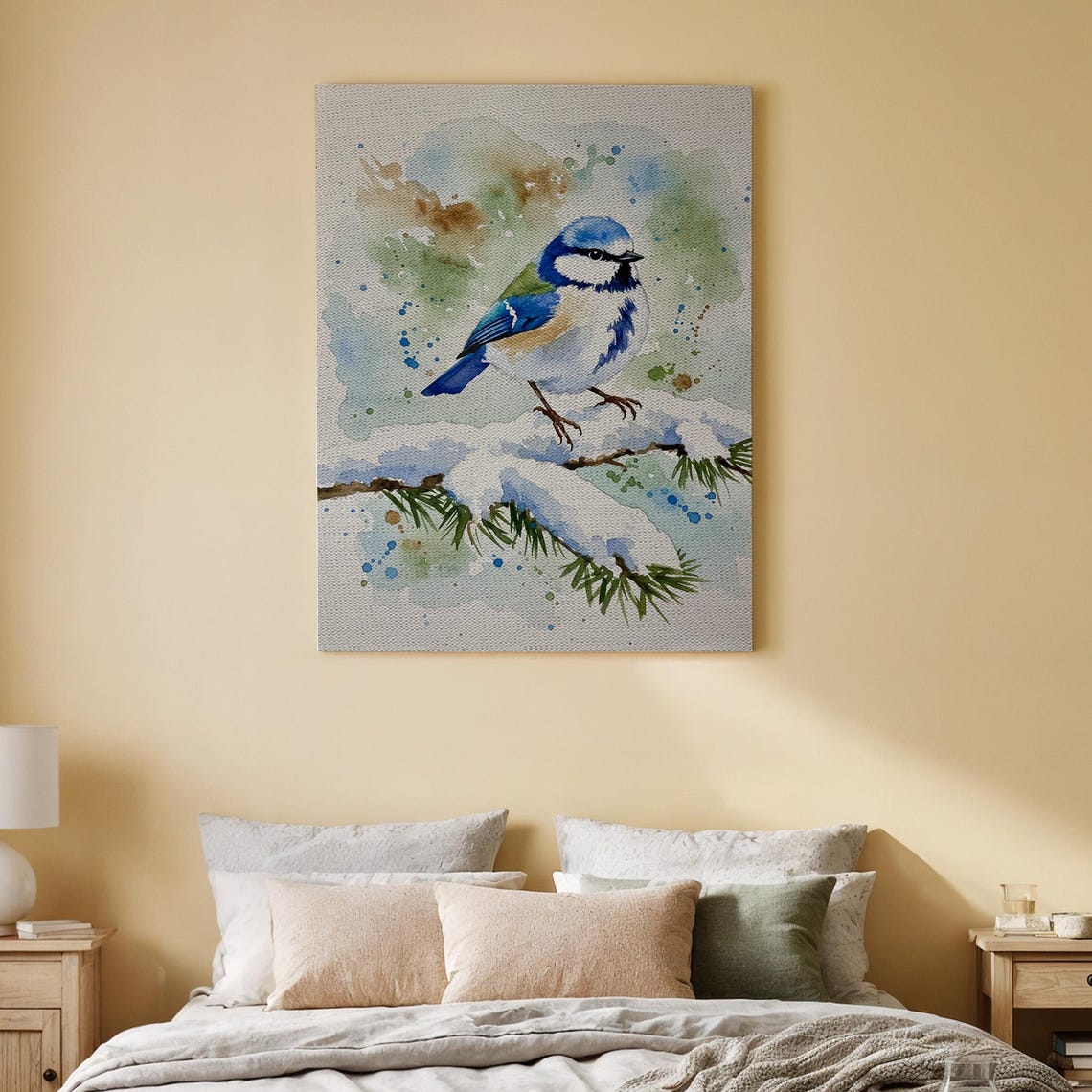 Blue Tit Bird on Snowy Pine Branch Watercolor Winter Wall Art