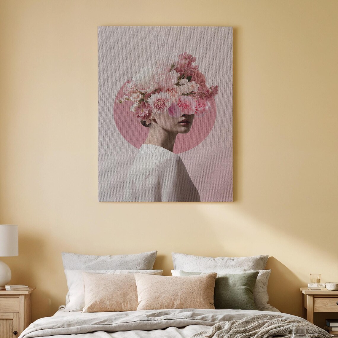 Woman with Pink Peony Crown Floral Portrait Modern Art Print