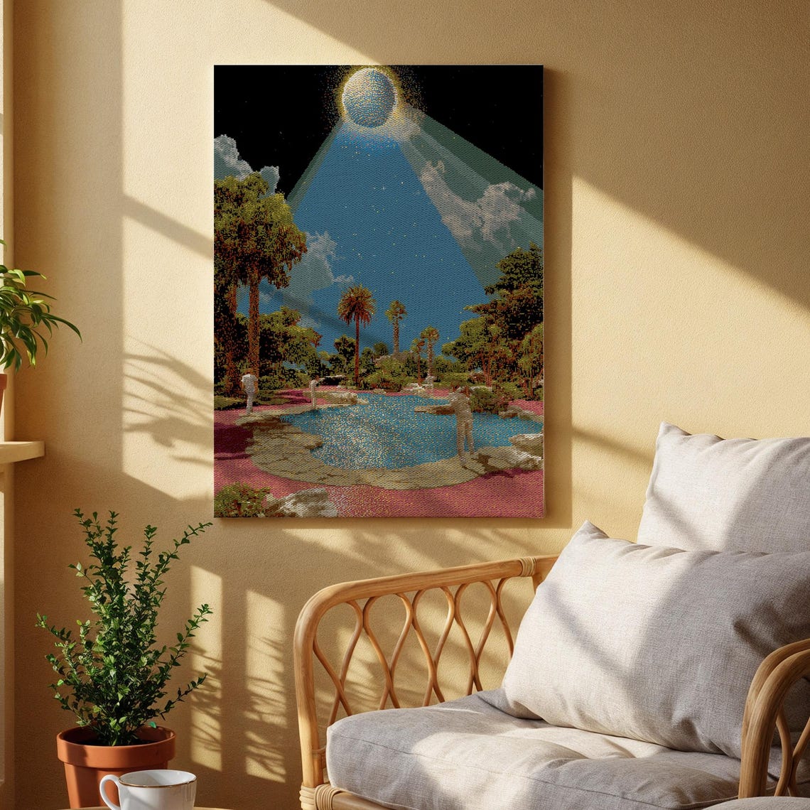 Surreal Poolside Canvas Wall Art Cosmic Dreamlike Landscape Print Mystical Night Sky Artwork For Unique Home Or Creative Studio