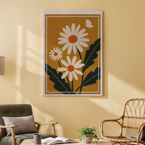 Daisy Floral Canvas Art Minimalist Yellow Wall Modern Print For Living Room Or Bedroom Decor And Home