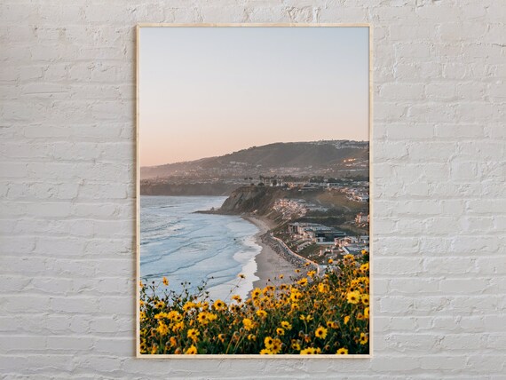 Sunset Beach Town with Yellow Wildflowers California Coast Poster