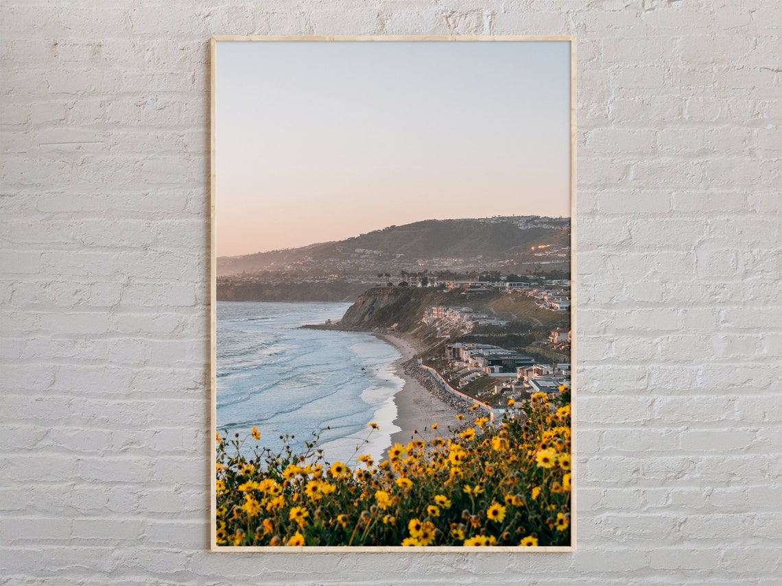 Sunset Beach Town with Yellow Wildflowers California Coast Poster
