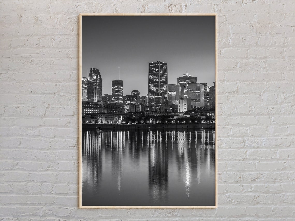 Black And White Montreal Skyline Night Lights Reflection Poster