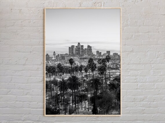 Los Angeles Downtown Skyline With Palm Trees Black White Poster
