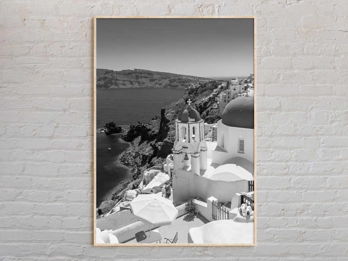 Santorini Greece Black And White Caldera Domes Photography Poster