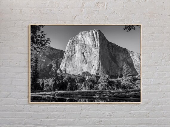 El Capitan Granite Cliff River Reflection Black and White Poster