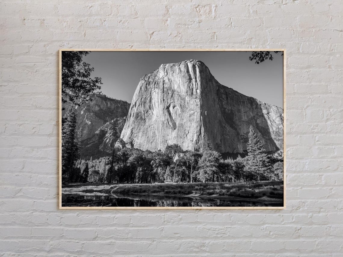 El Capitan Granite Cliff River Reflection Black and White Poster