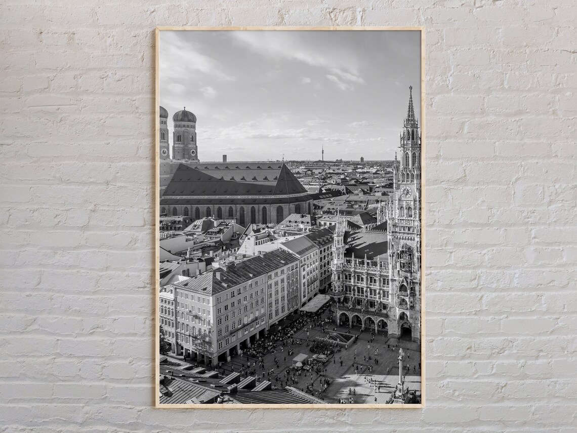 Munich Marienplatz Old Town Black and White City Photo Poster