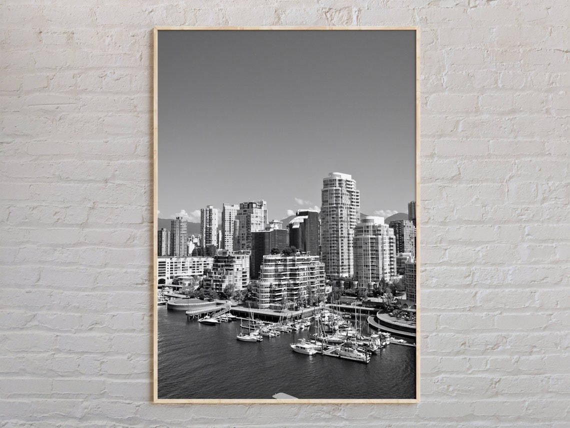 Black And White Vancouver Canada Harbor Marina Skyline Photo Poster
