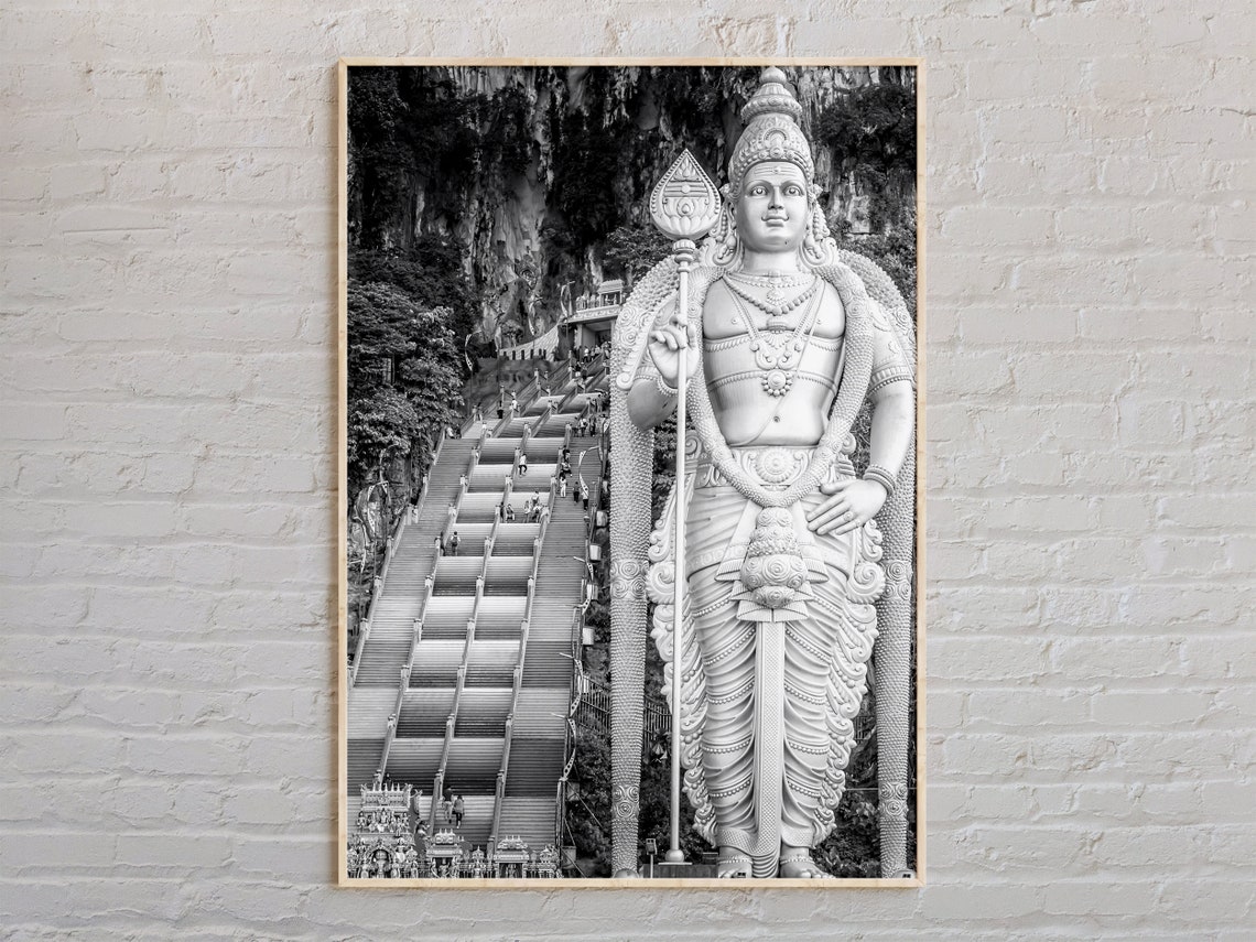 Batu Caves Murugan Statue Stairs Black And White Photo Poster