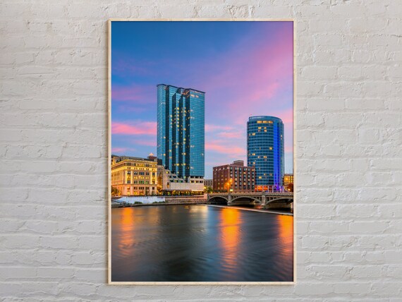 Grand Rapids Michigan Skyline Sunset River Glass Towers Photo Poster