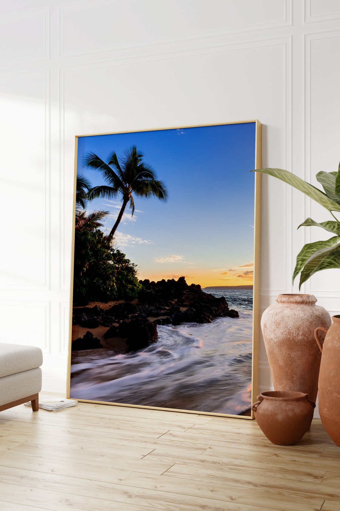Tropical Hawaii Beach Palm Tree at Sunset over Lava Rocks Poster - Image 2