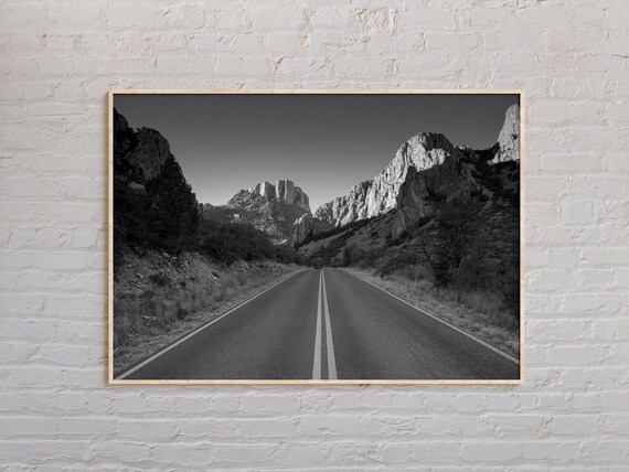 Black And White Desert Highway Through Rocky Mountains Art Poster
