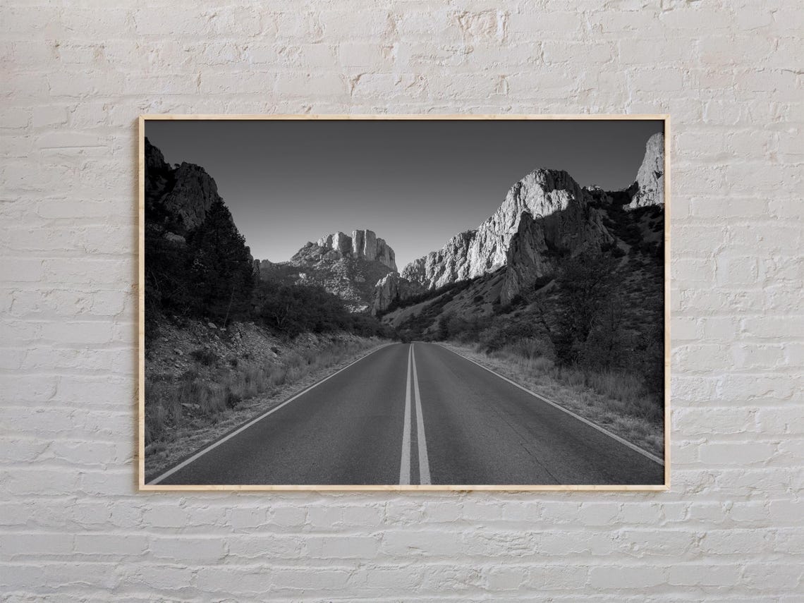 Black And White Desert Highway Through Rocky Mountains Art Poster