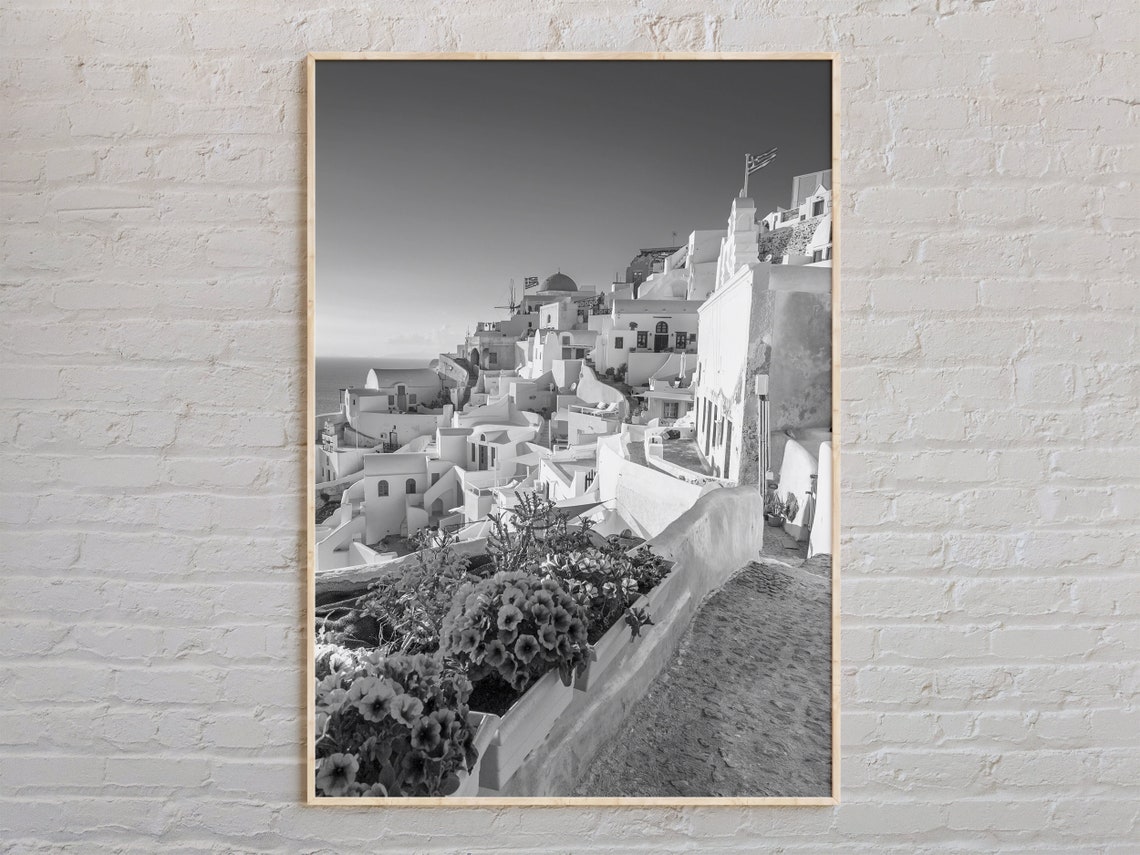 Santorini Greece Whitewashed Hillside Black And White Photo Poster