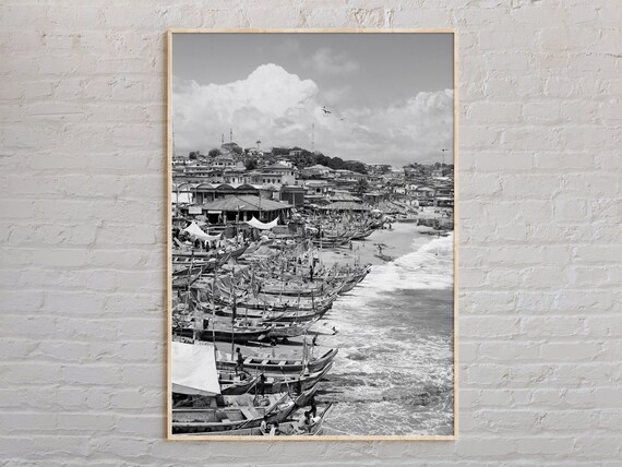 Ghana Fishing Beach Boats Coast Black And White Photo Poster