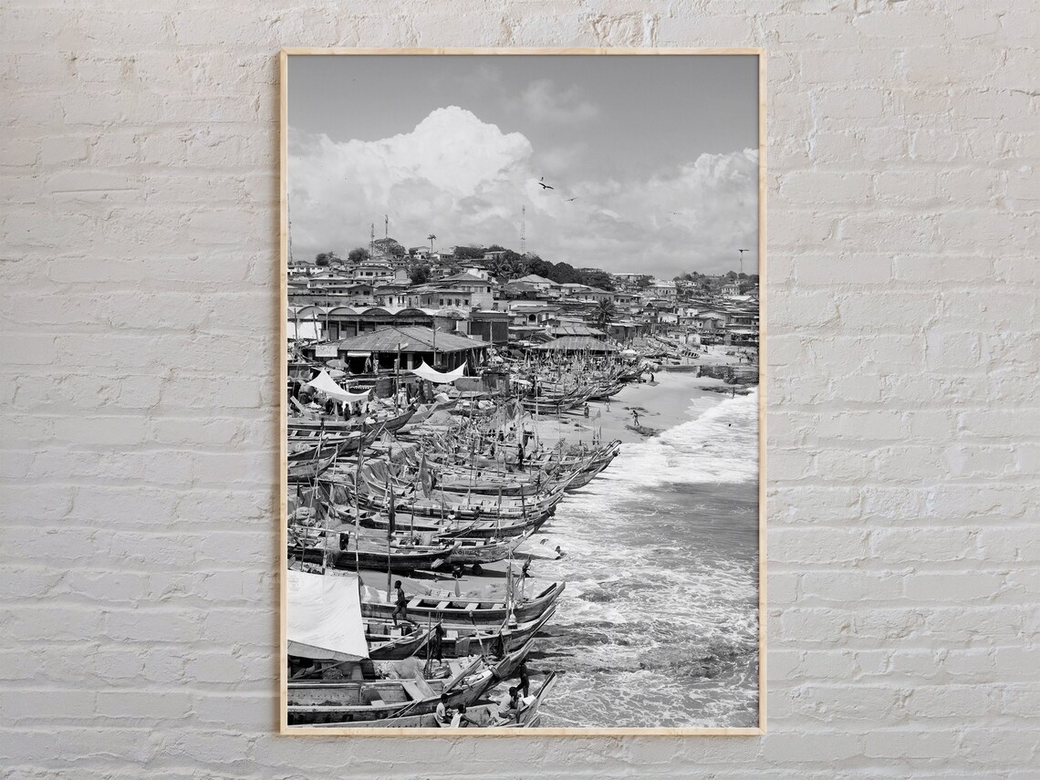 Ghana Fishing Beach Boats Coast Black And White Photo Poster
