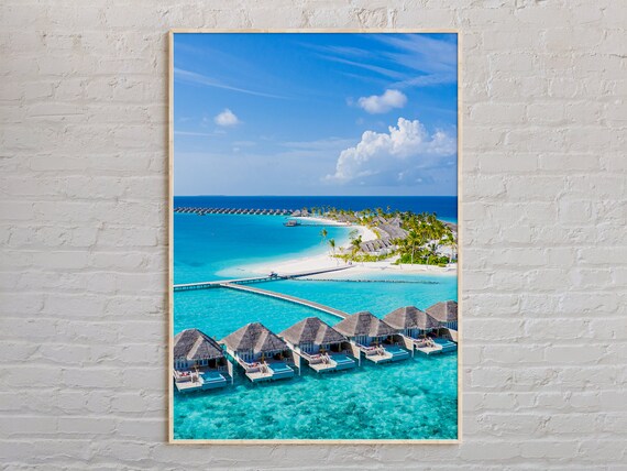 Maldives Overwater Bungalows Turquoise Lagoon Island Aerial Poster
