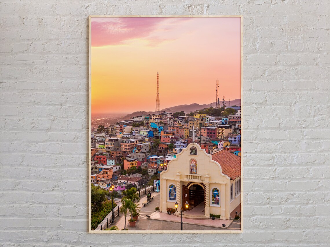 Ecuador Guayaquil Santa Ana Chapel Hill Colorful Houses Sunset Poster