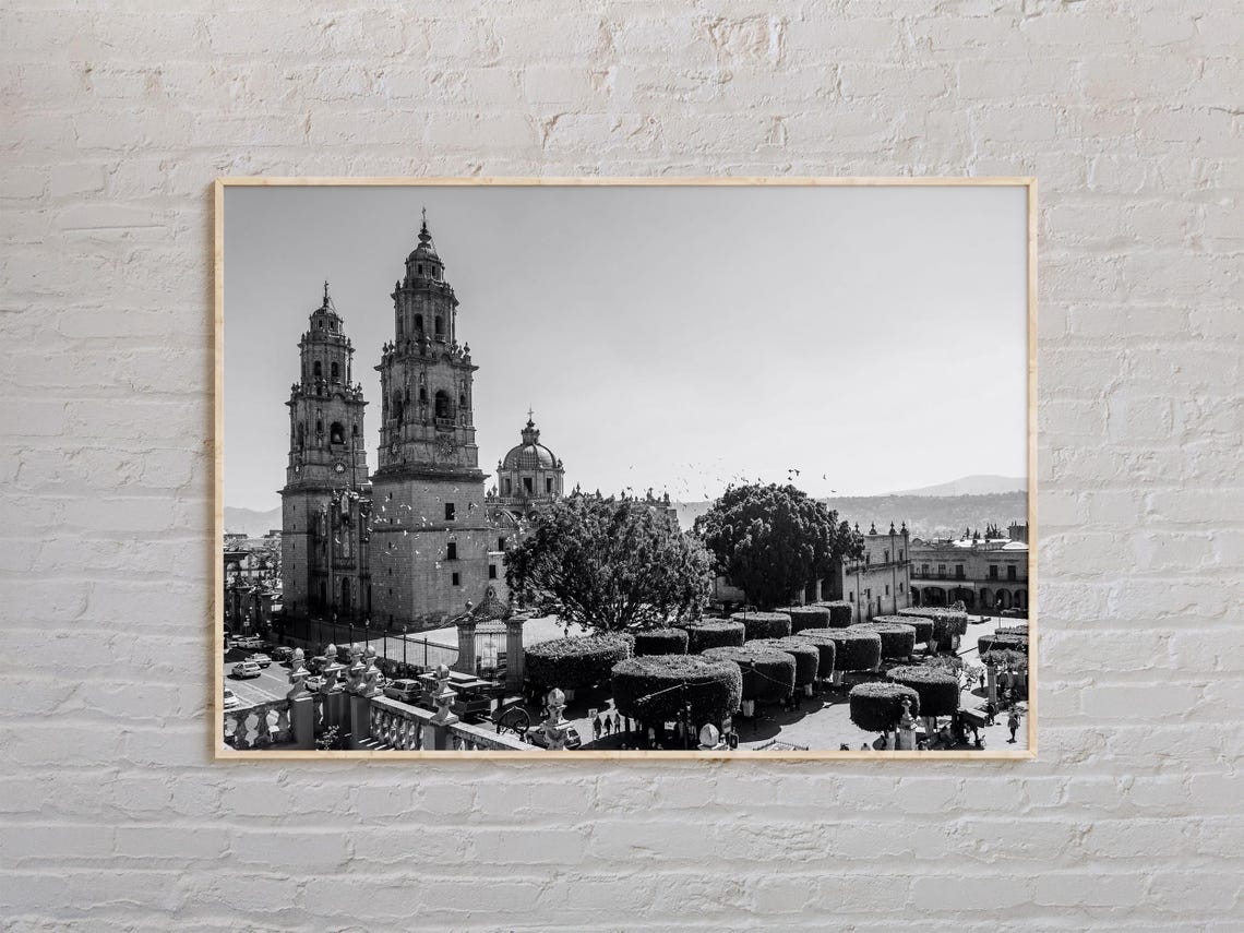 Morelia Cathedral Twin Towers Black and White Colonial Plaza Poster