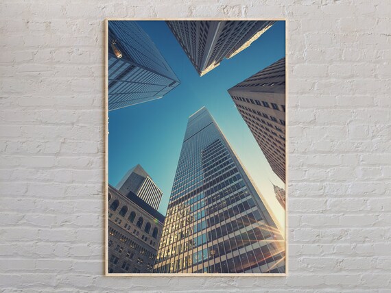 Looking Up Downtown Skyscrapers Blue Sky City Architecture Photo Poster