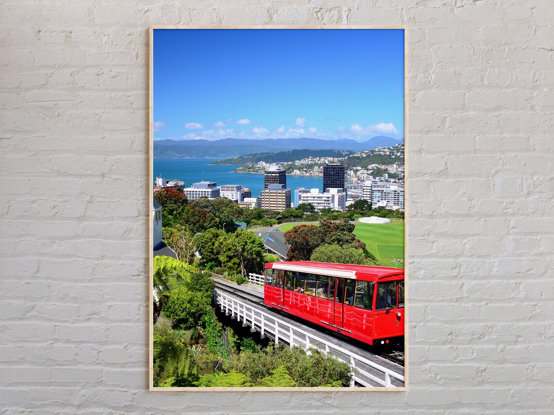Wellington Cable Car Over the City Harbor New Zealand Poster