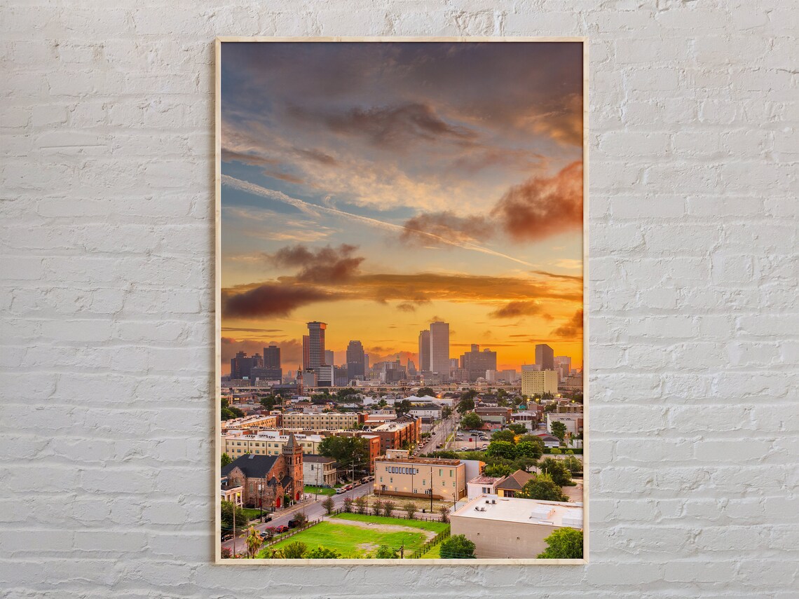 Real Photo New Orleans Louisiana Skyline Fiery Sunset Poster