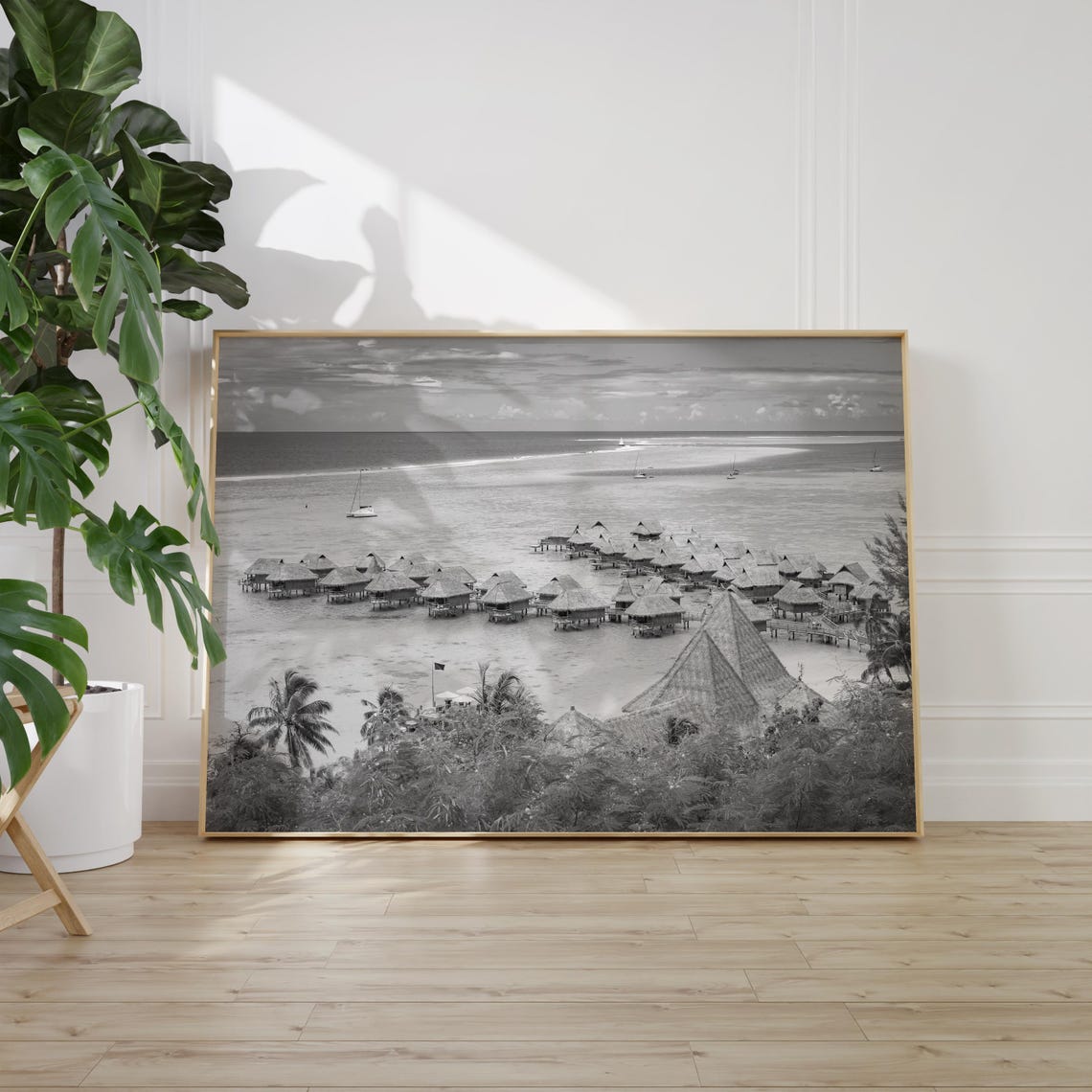French Polynesia Overwater Bungalows Lagoon Black and White Poster - Image 2