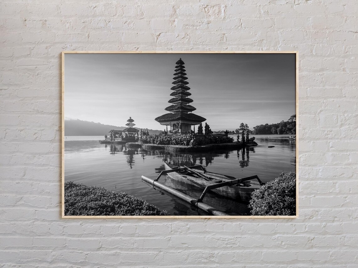 Bali Ulun Danu Beratan Water Temple Black and White Lake Poster