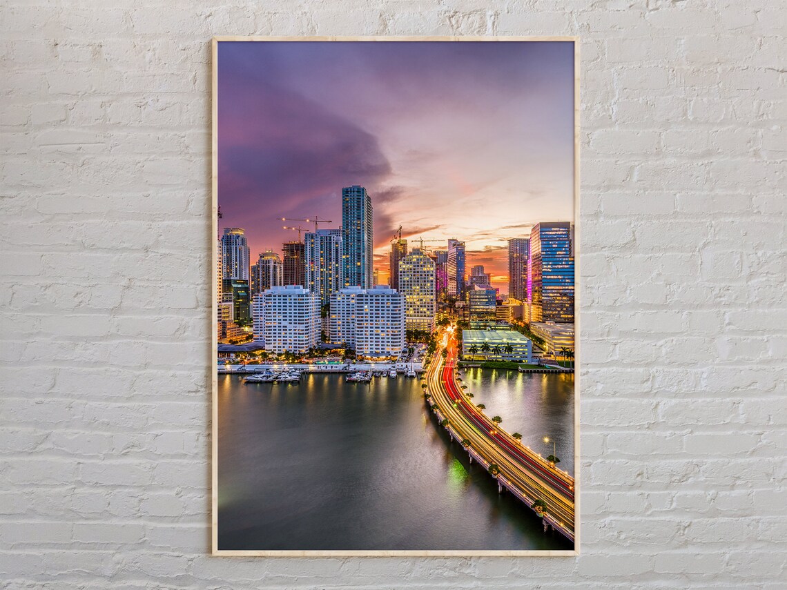 Real Photo Miami Florida Downtown Skyline Dusk Bridge Lights Poster