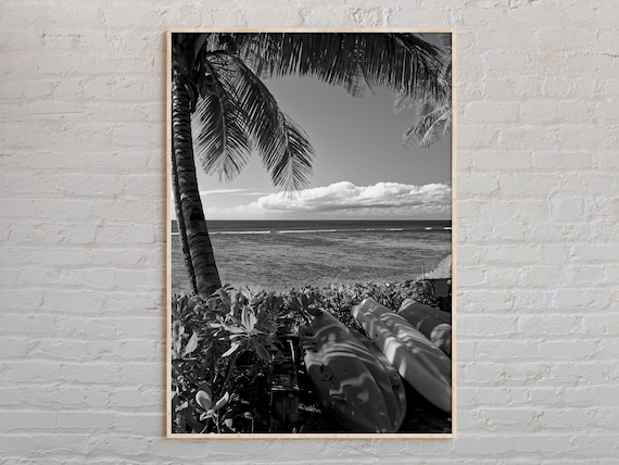 Black And White Palm Tree Kayak Tropical Beach Scene Photo Print