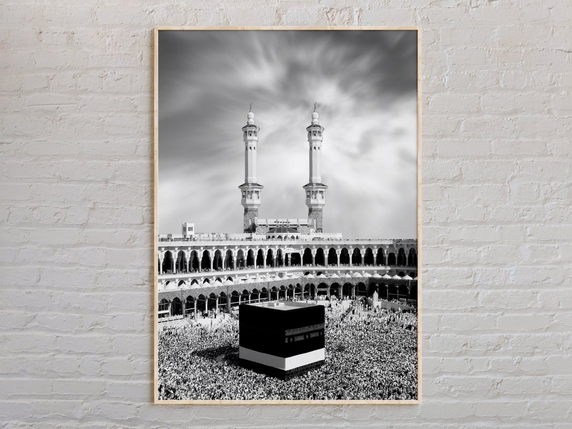 Mecca Kaaba Grand Mosque Hajj Crowd Black and White Photo Poster