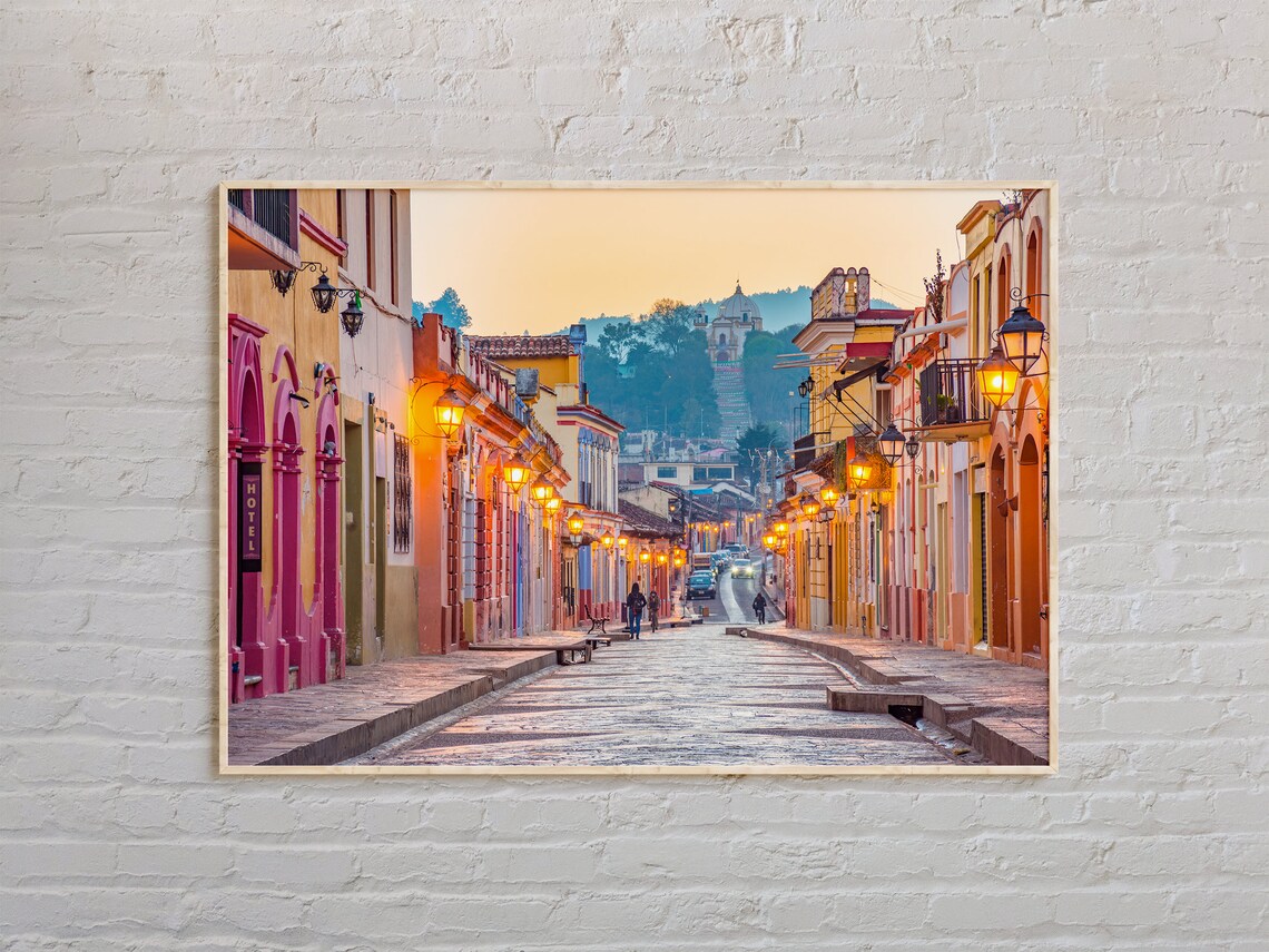 Mexico Colonial Cobblestone Street Sunset Travel Photo Poster