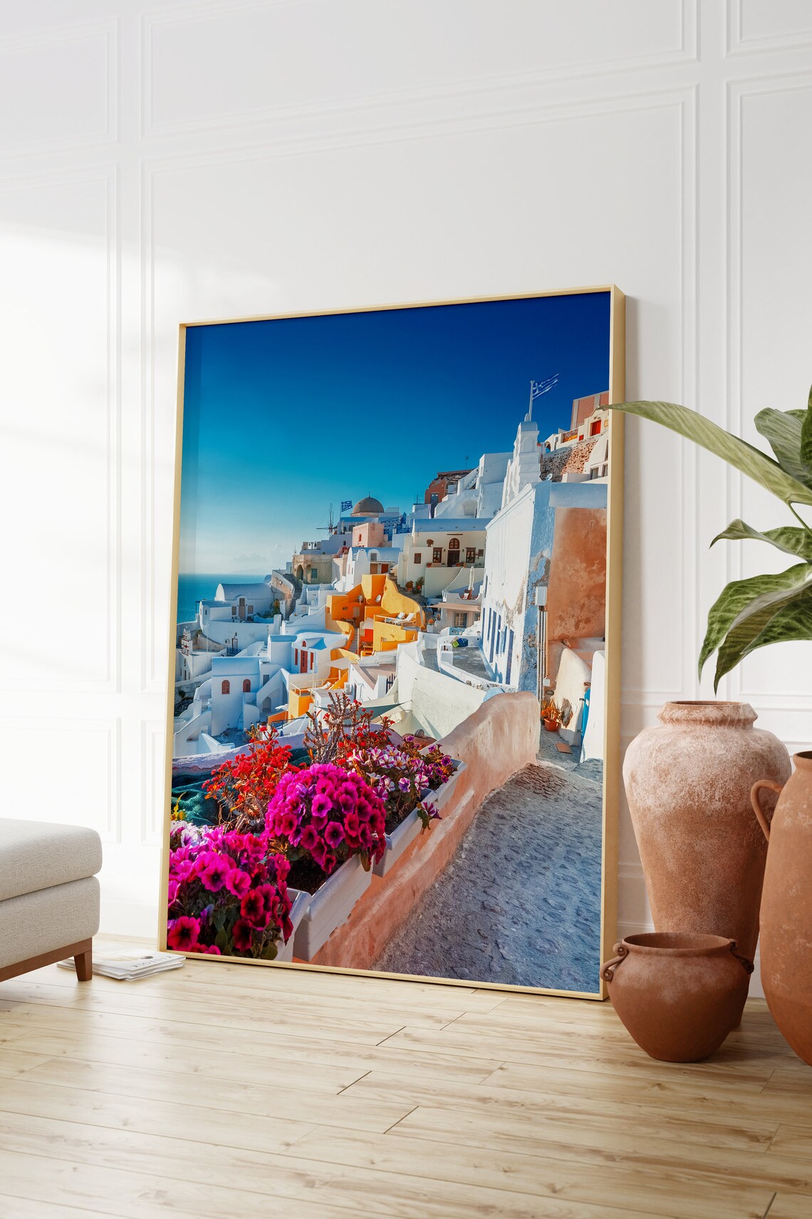 Santorini Oia Whitewashed Alley with Pink Bougainvillea Poster - Image 2