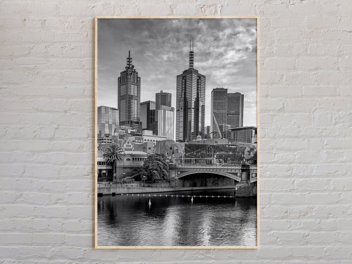 Melbourne Skyline in Black and White with Yarra River Bridge Poster