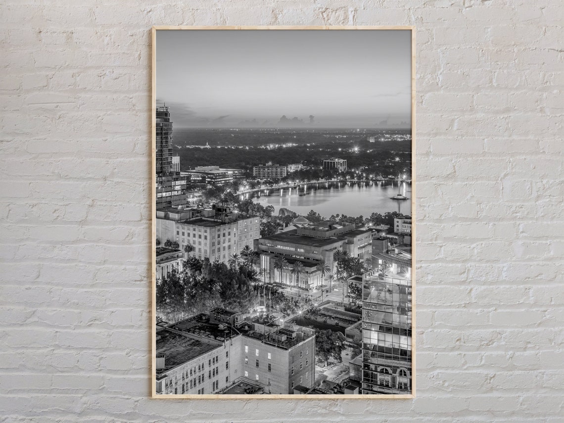 Black And White City Skyline Lake Night Skyline View Photo Print
