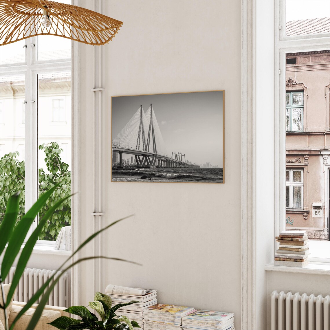 Mumbai Bandra Worli Sea Link Black and White Bridge Skyline Poster - Image 3