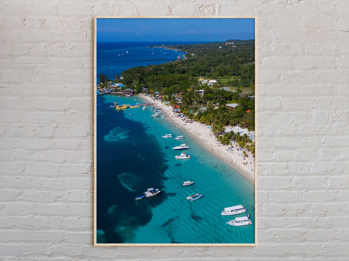 Honduras Caribbean Beach Aerial Turquoise Water Boats Photo Poster