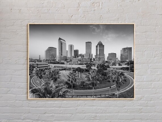 Tampa Florida Skyline Black And White Night Cityscape Poster