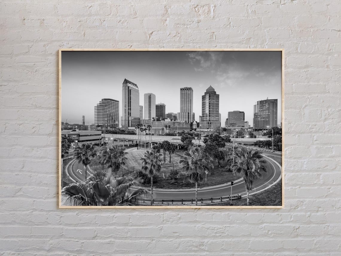 Tampa Florida Skyline Black And White Night Cityscape Poster