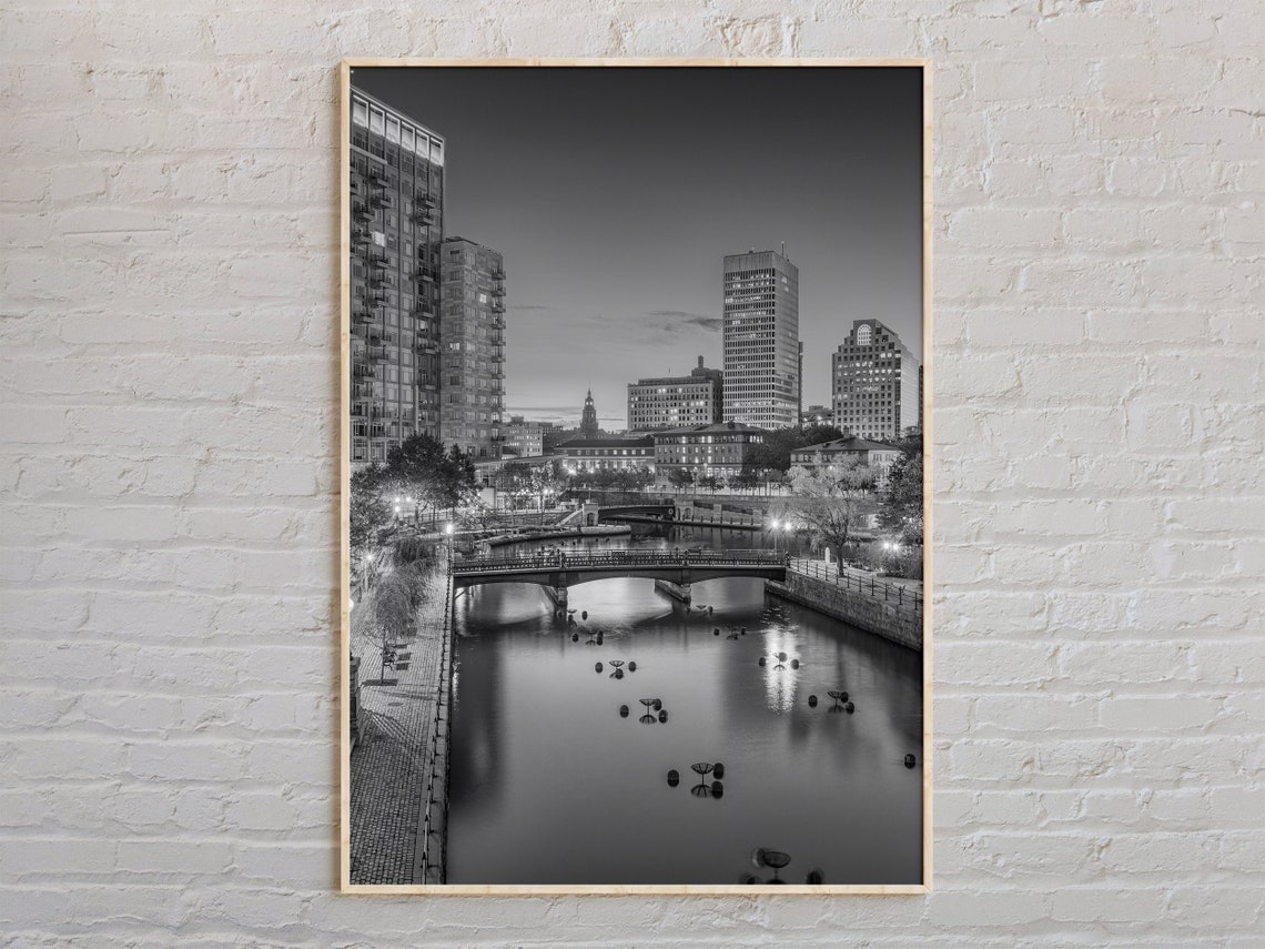 Providence River Bridges at Night Black and White Cityscape Poster