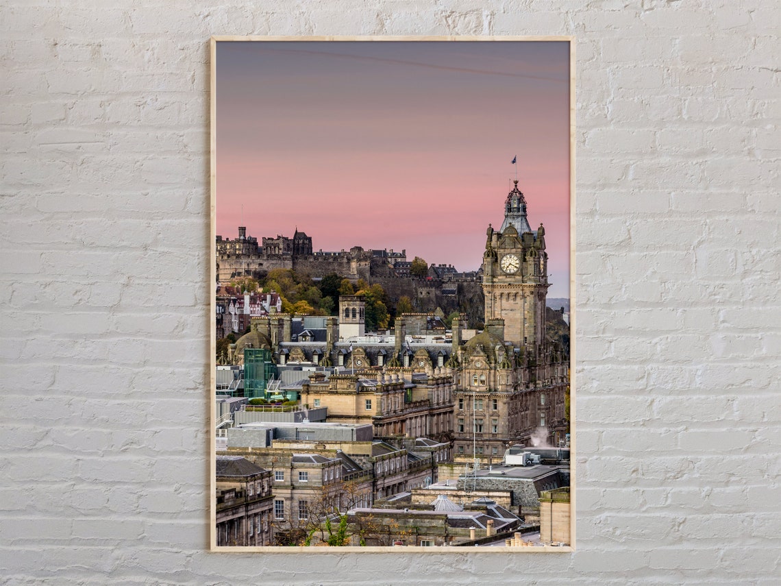 Edinburgh Scotland Castle Pink Skyline Clock Tower Dusk Poster