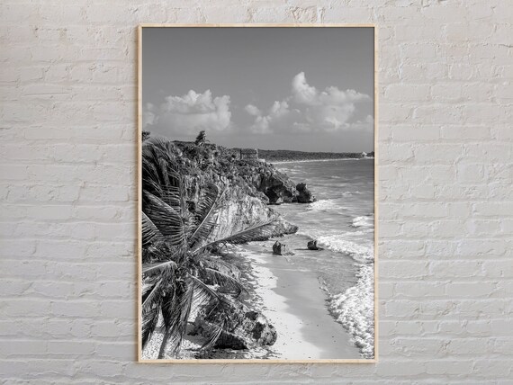 Tulum Mexico Beach Cliffs and Palms Black and White Photo Poster