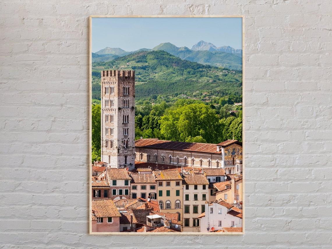 Lucca Italy Medieval Stone Tower Terracotta Rooftops Photo Poster
