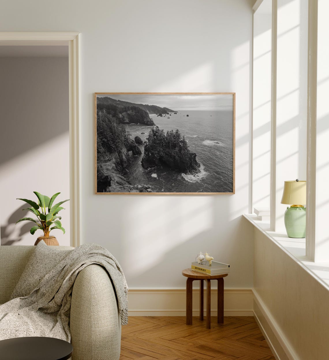 Oregon Coast Sea Stacks Black and White Forested Cliffs Poster - Image 5
