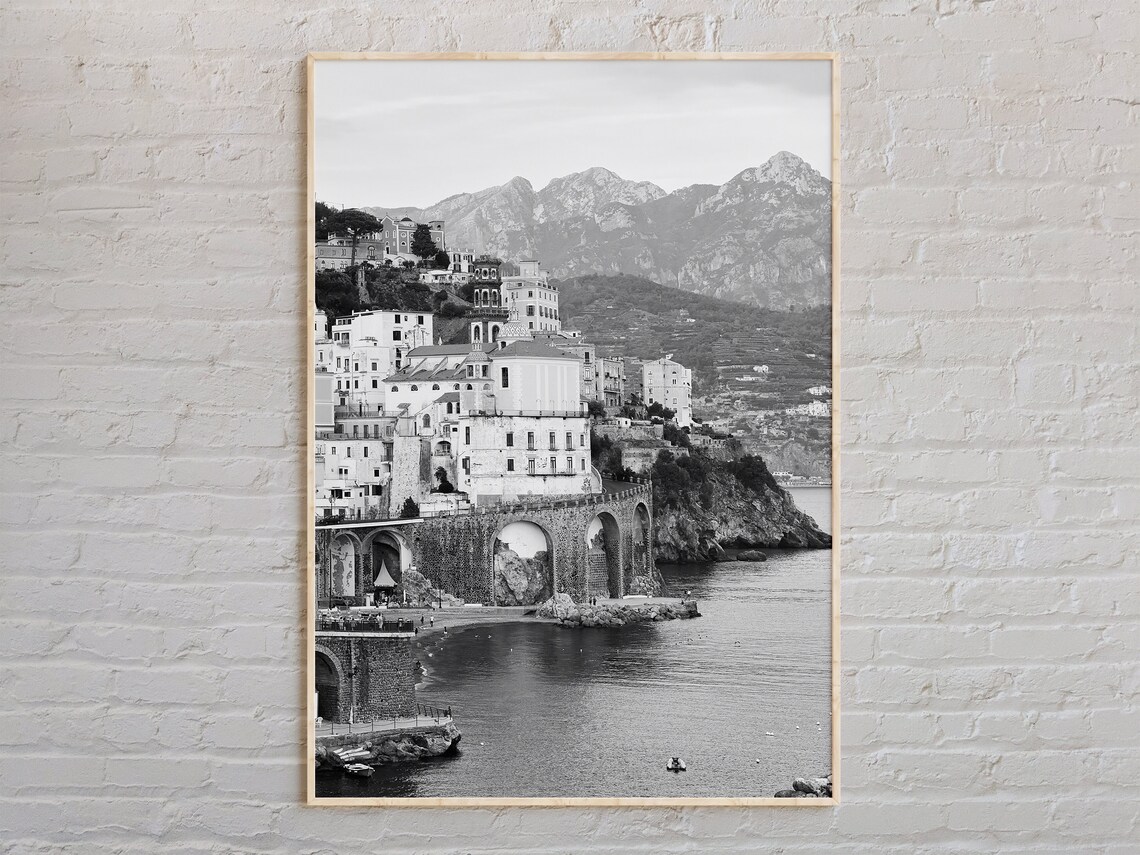 Black And White Amalfi Coast Italy Cliffside Village Sea Photo Poster